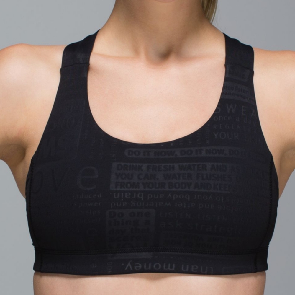 Lululemon Sports Bra Sz 4 Black Manifesto Embossed
